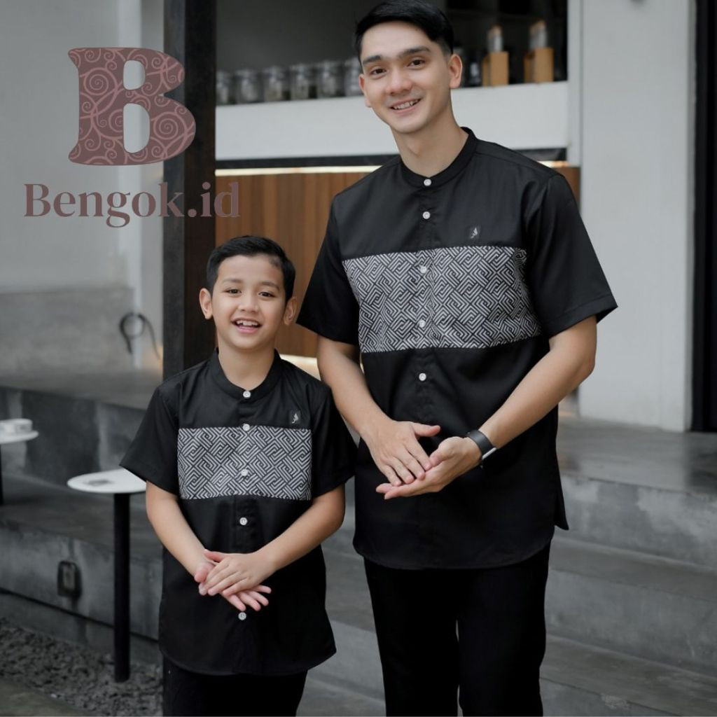 Baju Koko lengan pendek Couple motif kombinasi batik warna hitam  Couple Ayah dan Anak premium warna