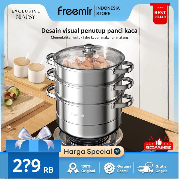 [Exclusive] freemir Panci Kukus 3 Susun Kukusan Tinggi Kukus Dimsum Bolu Multifungsi Stainless Steel