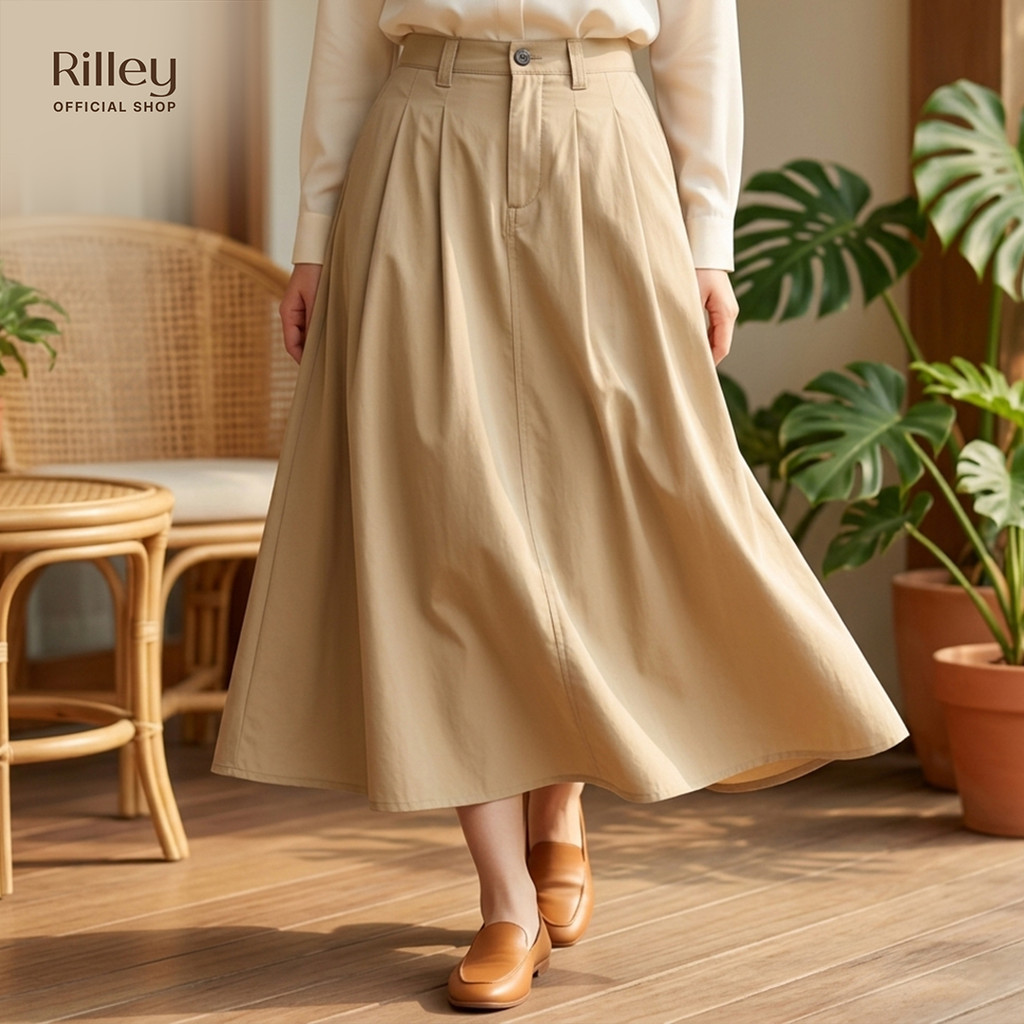 RILLEY - Rok Rafaela Rok Wanita Hitam Polos Midi Skirt Bahan Nilon