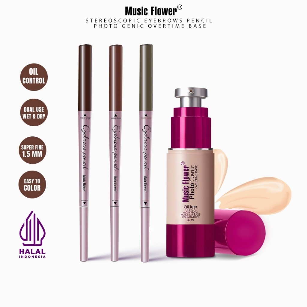 BUNDLE MUSIC FLOWER: Paket Make Up Natural Glow Lengkap untuk Fotogenik, Foundation Photogenic, Pens