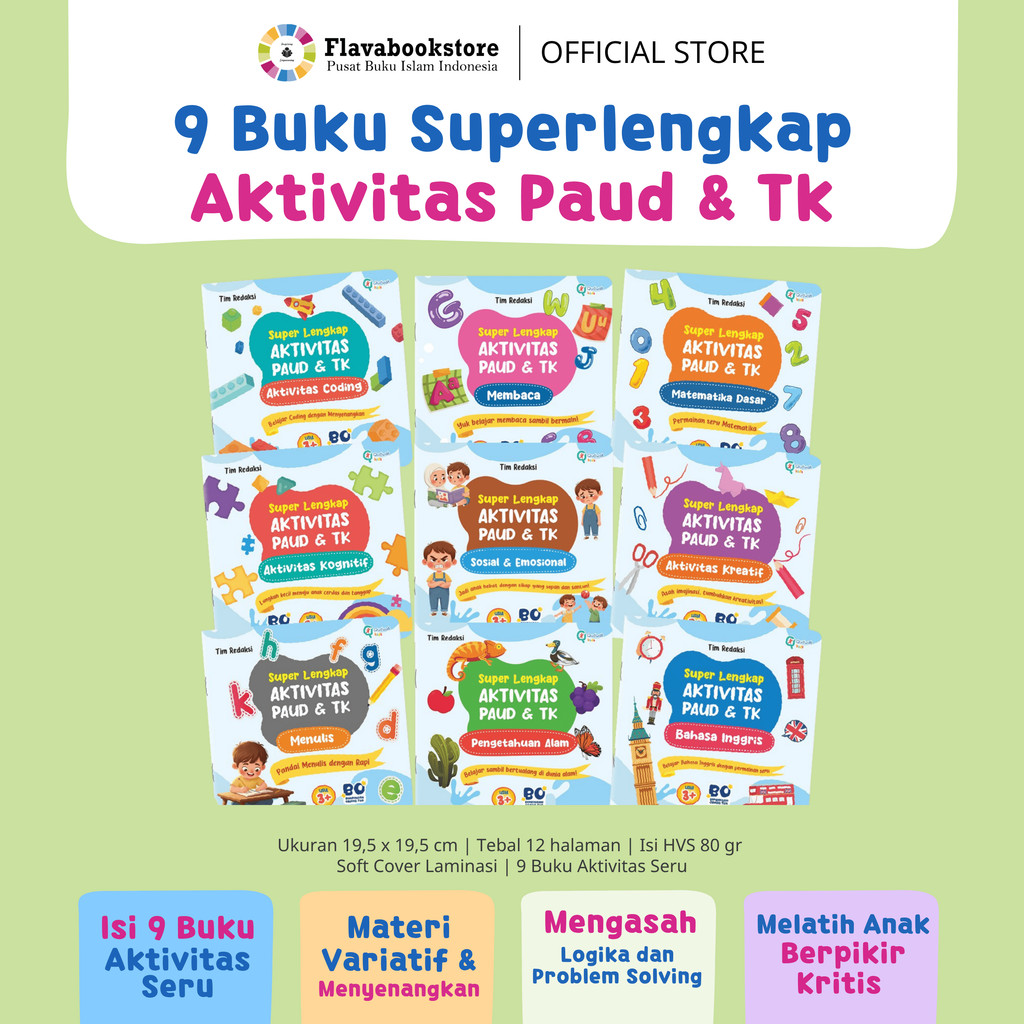 PAKET 9 BUKU SUPER LENGKAP AKTIVITAS ANAK PAUD DAN TK - Buku Aktivitas Anak TK - Al Qudwah