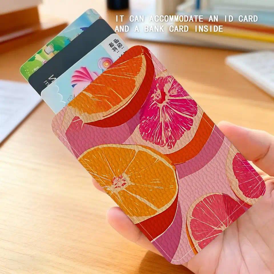 Fruit Orange Pattern Card Holder Leather Card Storage Box Key Chain Access Tag Holder ID Card Holder