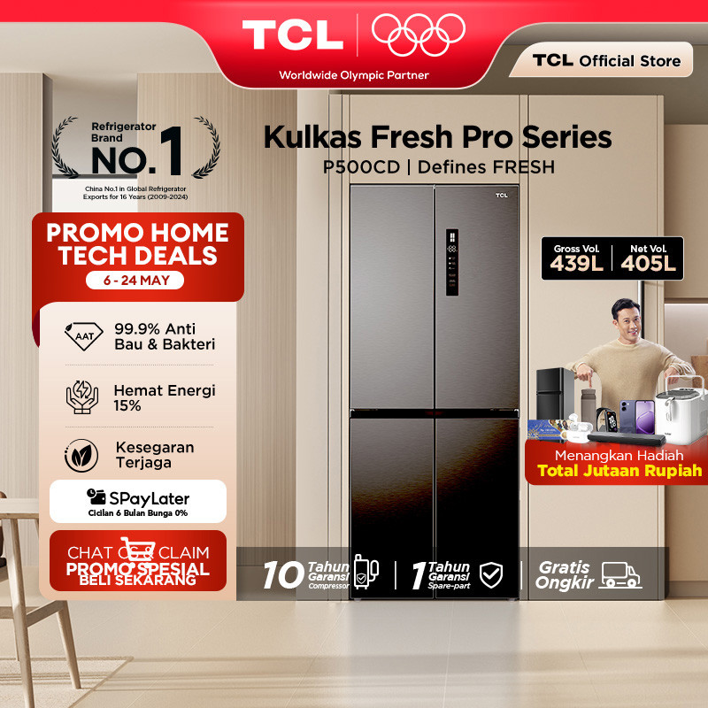 TCL Kulkas 4 Pintu - Kapasitas 439L - Twin Eco Inverter - Tanpa Bunga Es - Lemari Es - P500CD