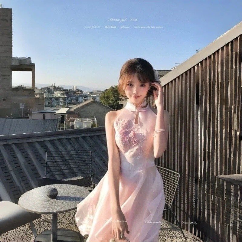 Gaun Cheongsam Wanita Pink Mini Slim Fit Gaya Cina Elegan Manis Gaun Pesta OOTD