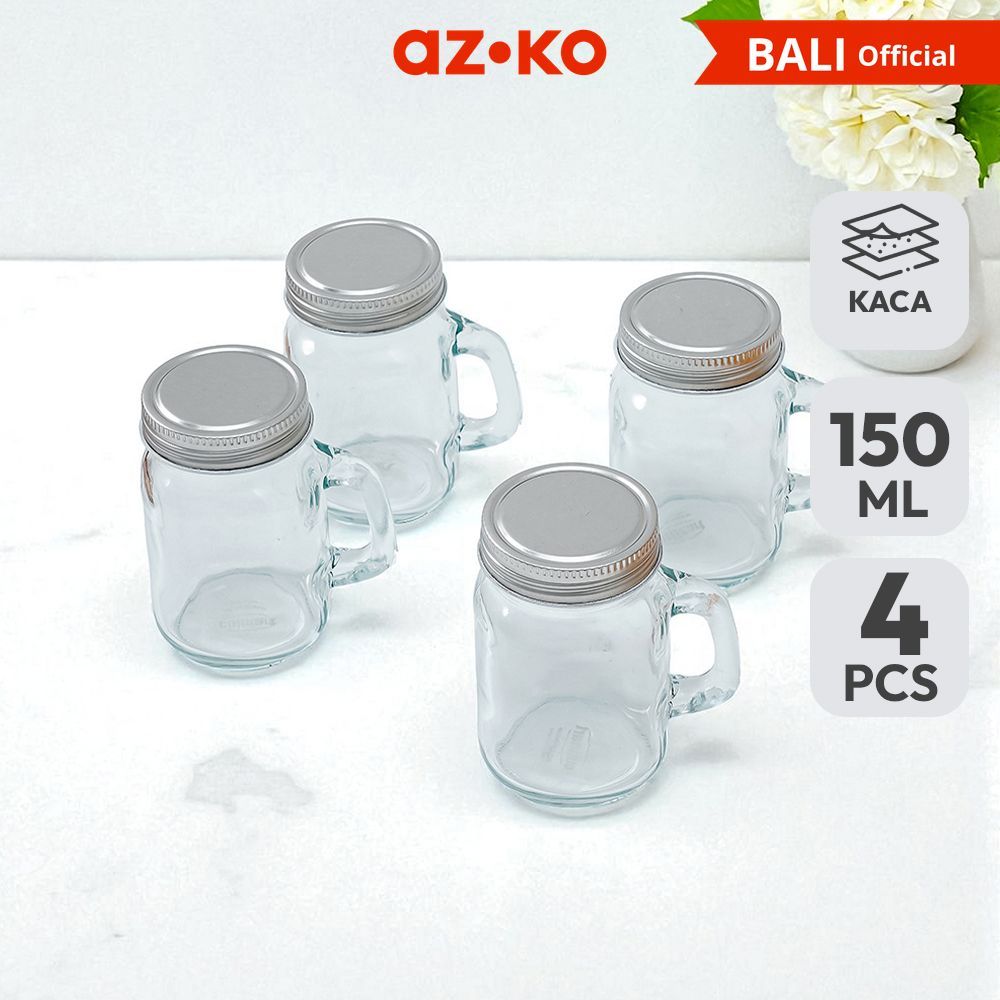 AZKO Culinart Mason Mug Jar Kaca Dengan Tutup 150 ml Set 4 Pcs Transparan Mason Jar Mug Kaca Gelas T