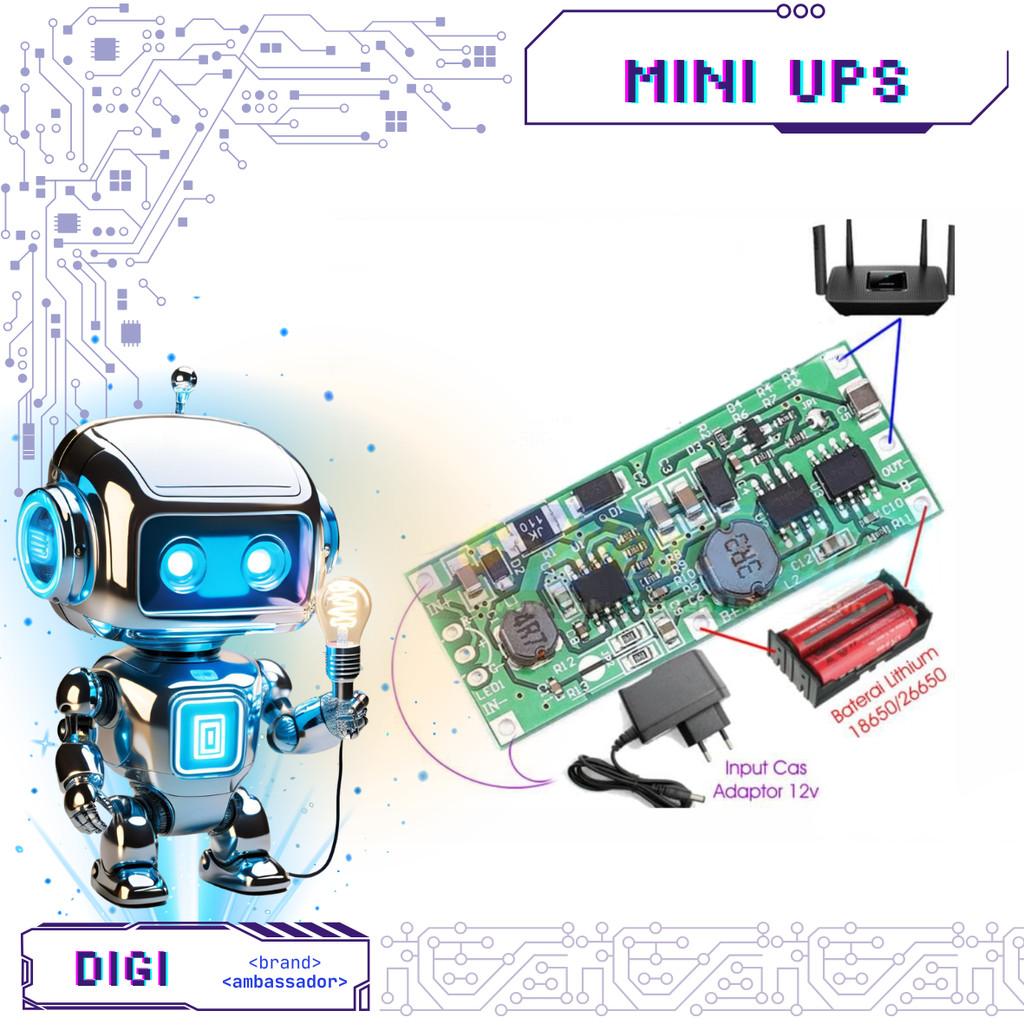 Mini UPS Module - Step Up 9V or 12V 18650 Lithium Battery - Digibot