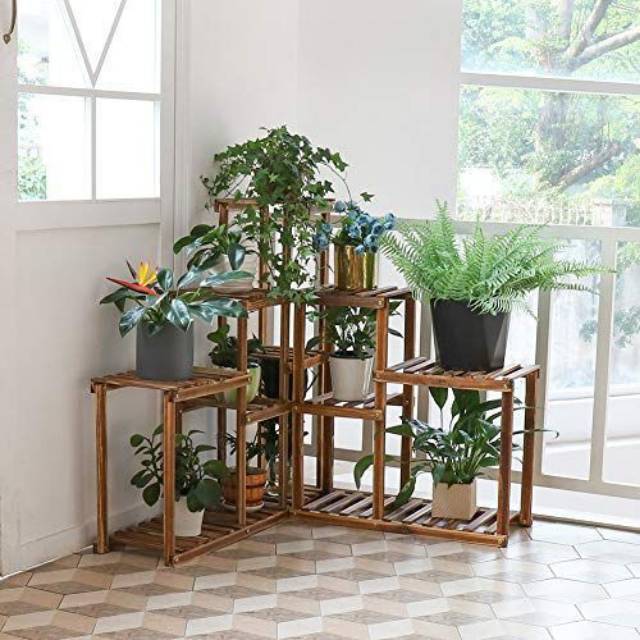 Rak sudut rak bunga minimalis bahan kayu solid 10 tatakan 13 wadah pot