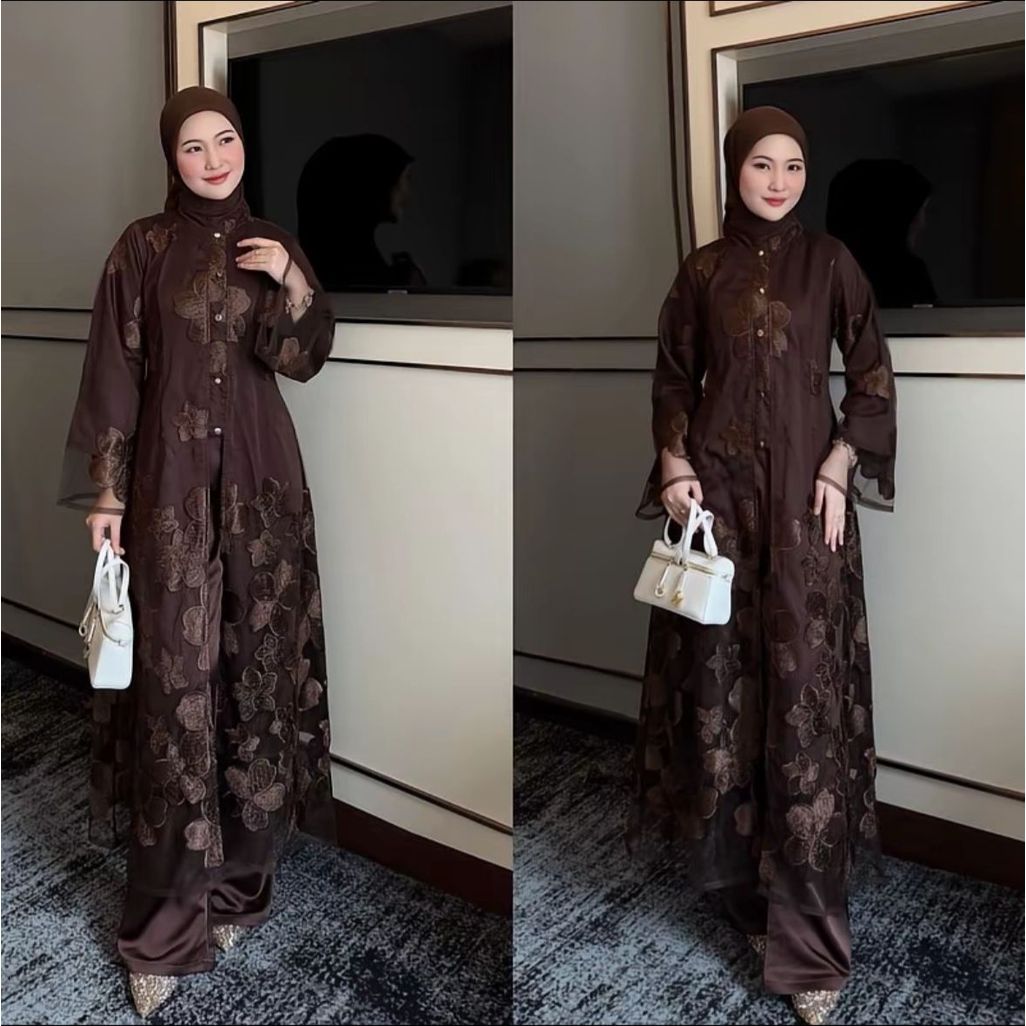 Cheryl Set Tunik Tulle Bordir Stelan Celana Silk Tunik Brukat