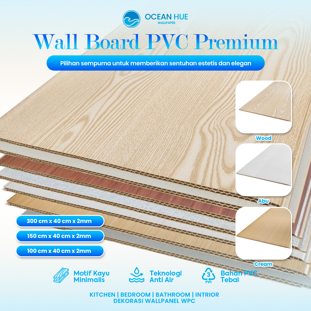Wallboard Dinding Pvc | Wallboard WPC | PVC Wallboard PVC 3 Meter 300cm X 40cm X 9mm - Oceanhue