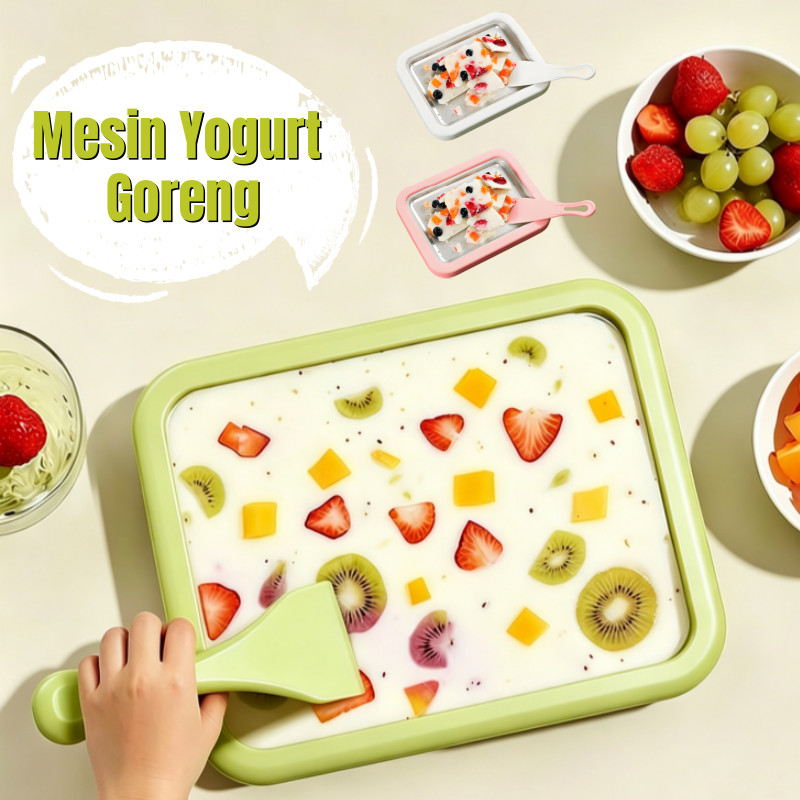 Mesin Es Krim Goreng Stainless Steel + Nampan, Alat Pembuat Yogurt, Alat Ajaib DIY Es Krim Goreng