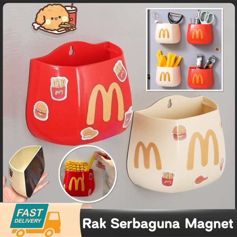 Rak Tempel Magnet Kulkas Tempat Penyimpanan Serbaguna Desain Restoran Cepat Saji Warna Merah Putih