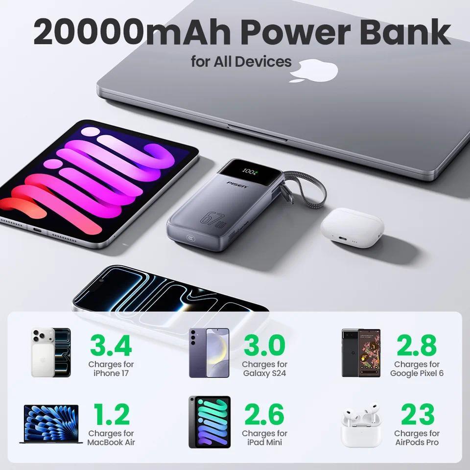 PISEN 20000mAh 67W Power Bank With Fast Charging Cable CCC External Battery For 65W Laptops/ 45W Sam