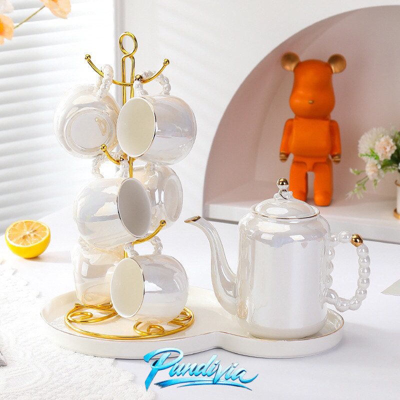 PUNDIVIA Set Teko Plus Gelas / Set Cangkir Teko Keramik/ Teko Teh