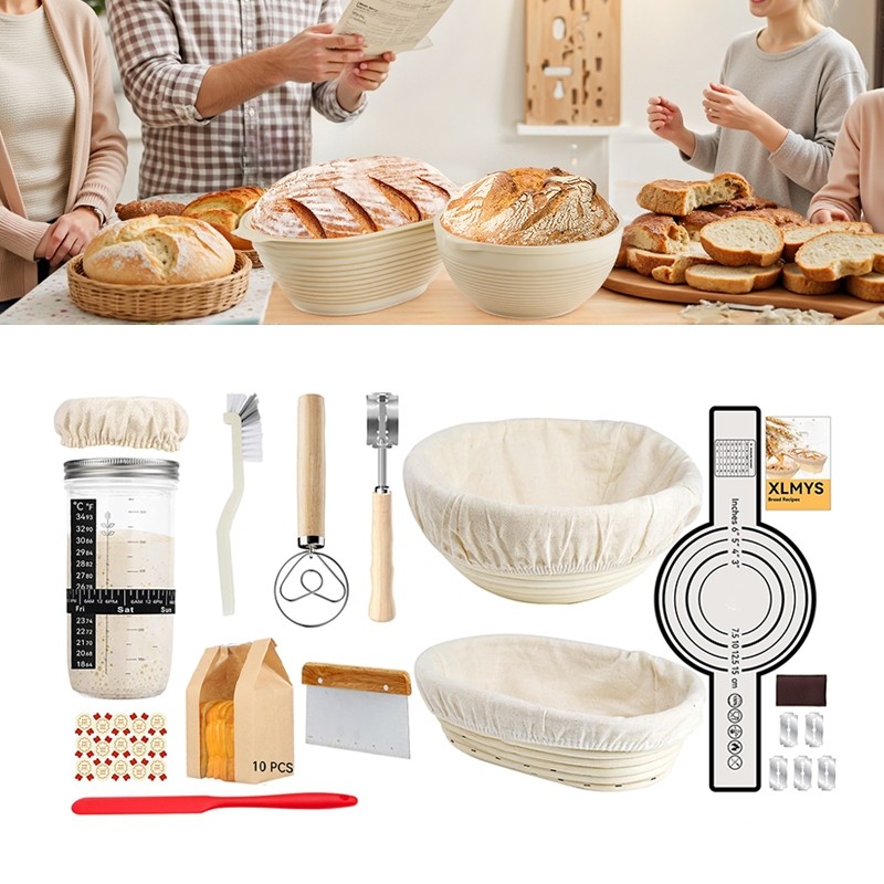 Bread Proofing Basket Sourdough Starter Kit Peralatan Membuat Roti Rumahan Keranjang Rotan Lengkap