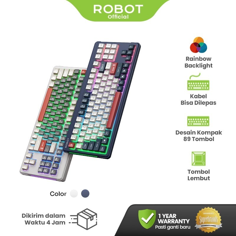 ROBOT Wired Keyboard Kabel Rainbow Backlight Type-C 89 Tombol Kompak Lembut Senyap Ergonomic Design 