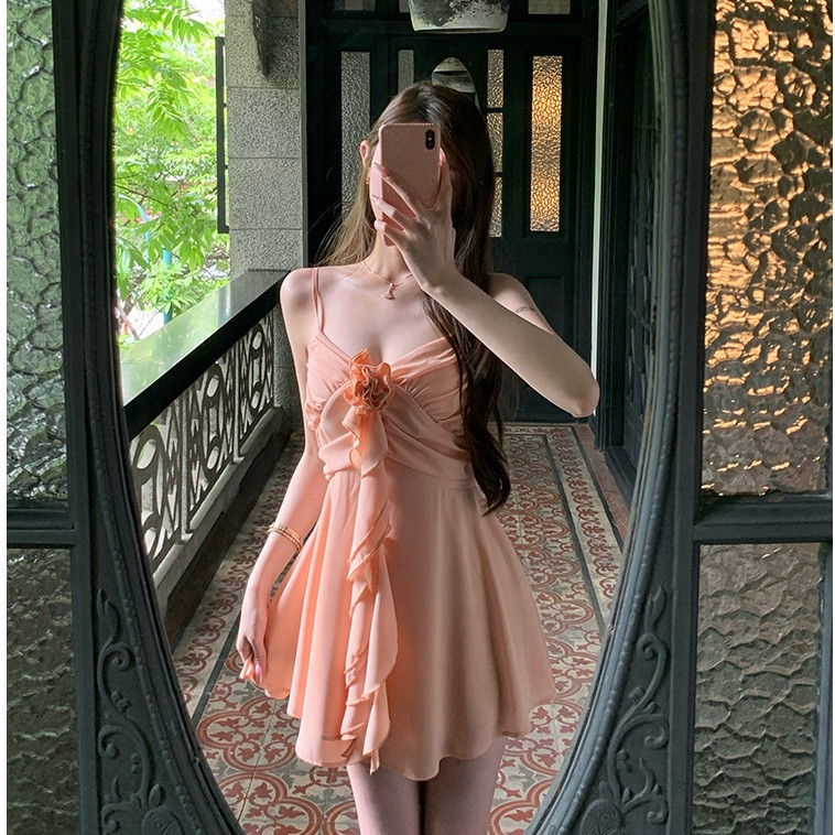 Dress Mini Babydoll Dress Wanita Hot Renda Lace Bunga Seksi Sling