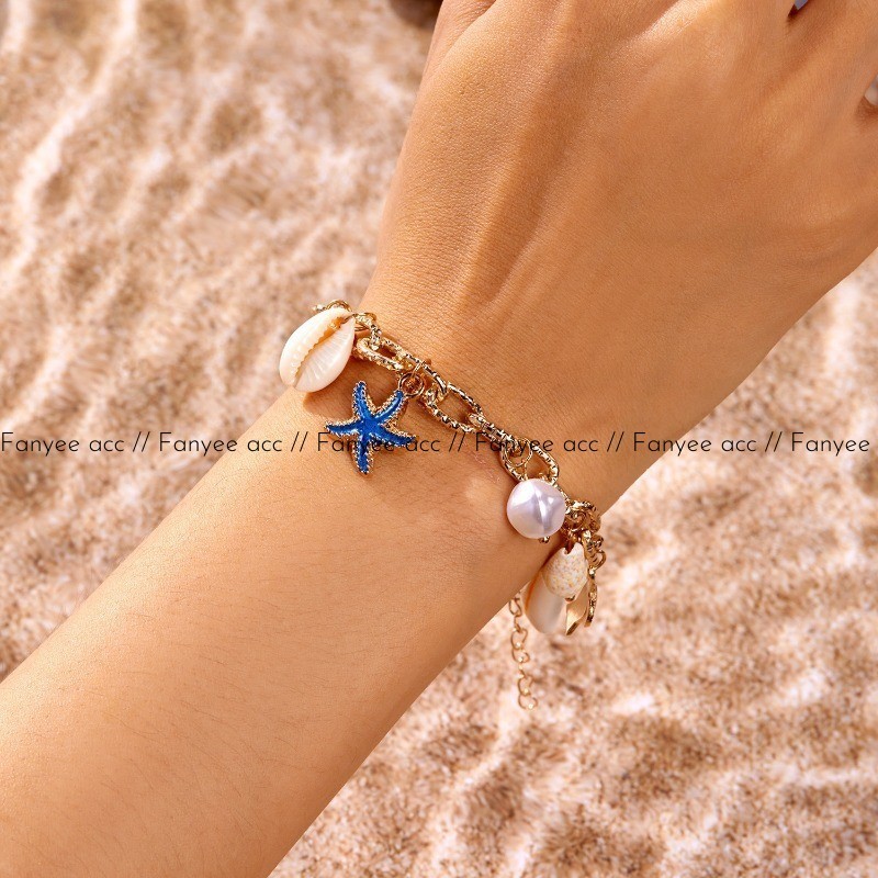 [Fanyee] Gelang Dan Kalung Hiasan Bintang Laut Kerang Siput Dan Mutiara Aksesoris Wanita Q1561