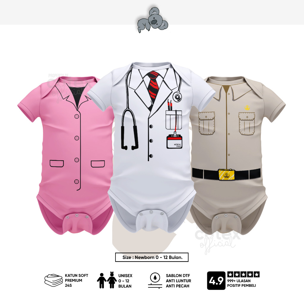 Baju Bayi Jumpsuit  Seragam Kerja Dokter Pembalap Pilot Polisi PNS Newborn Usia 0-12 Bulan.