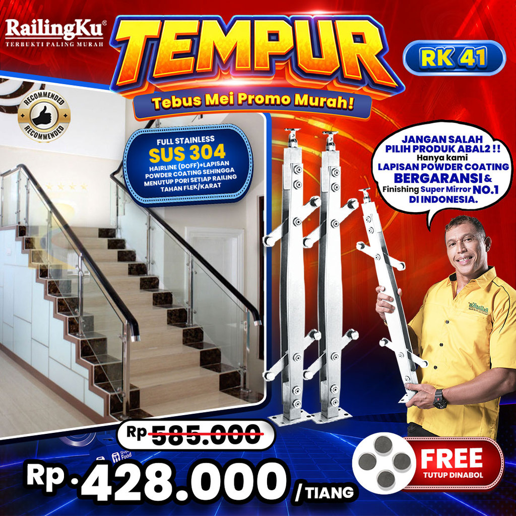 Railing Tangga Stainless Plate Minimalis Railingku [TEMPUR] RK 41 Railing Anti Karat Free Penutup Dy