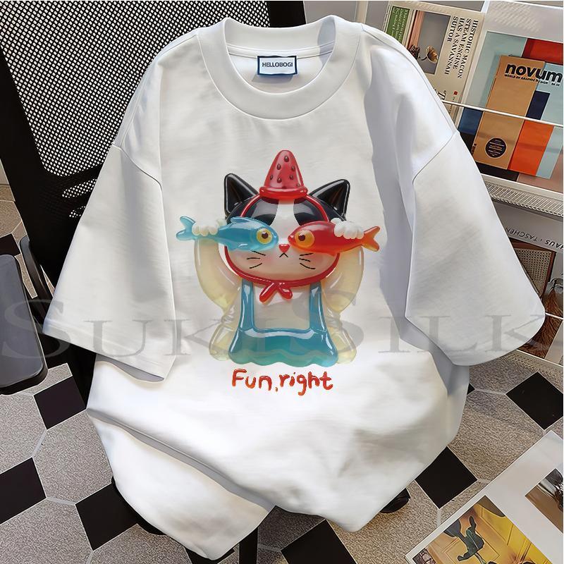 COD (Dikirim dalam 24 jam)MIEMIE.Kaos pria dan wanita, motif cetak kartun kucing dan ikan kecil gaya