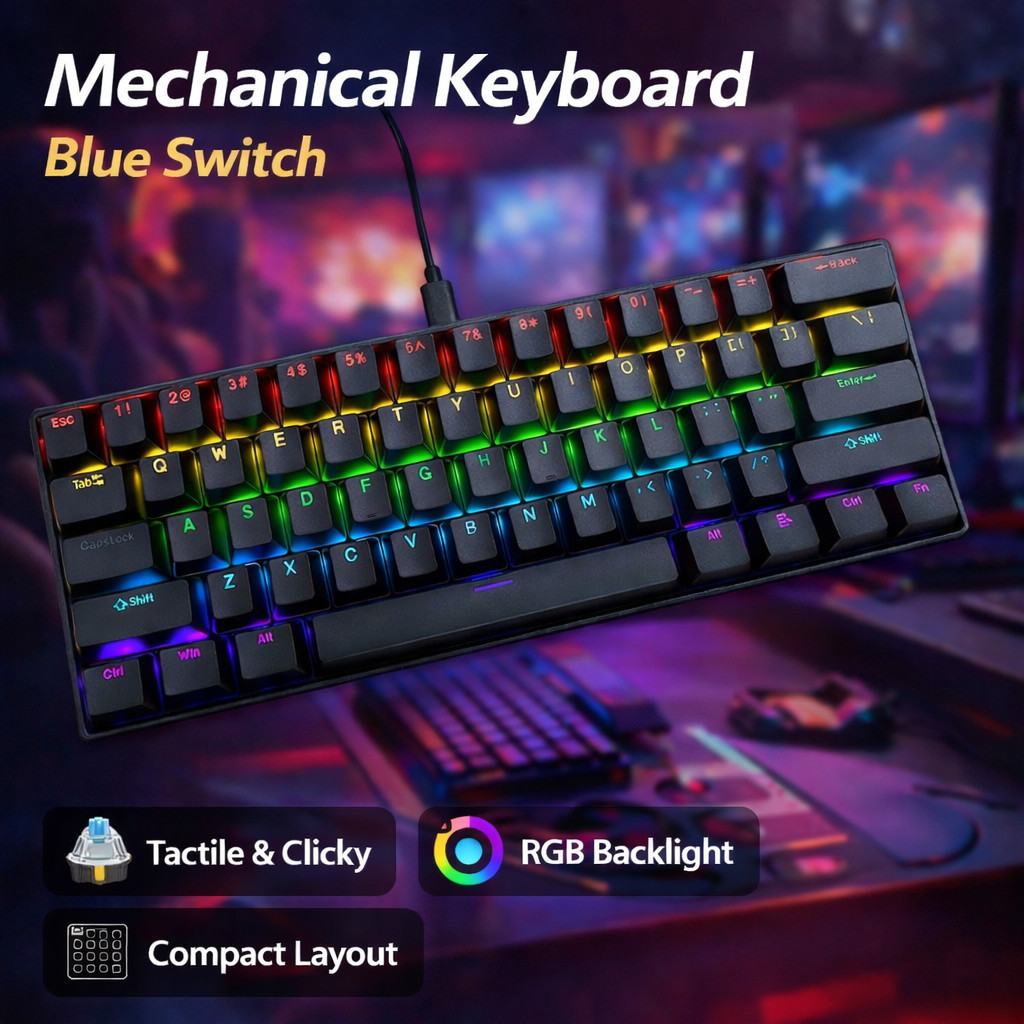Mechanical Keyboard Gaming Wired Blue Switch 61 Keys