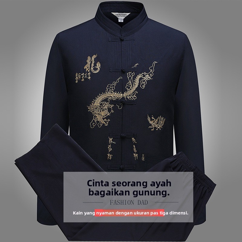 Pakaian Pria Lansia Hanfu Setelan Baju Tunik China Lengan Panjang Musim Gugur Warna Merah