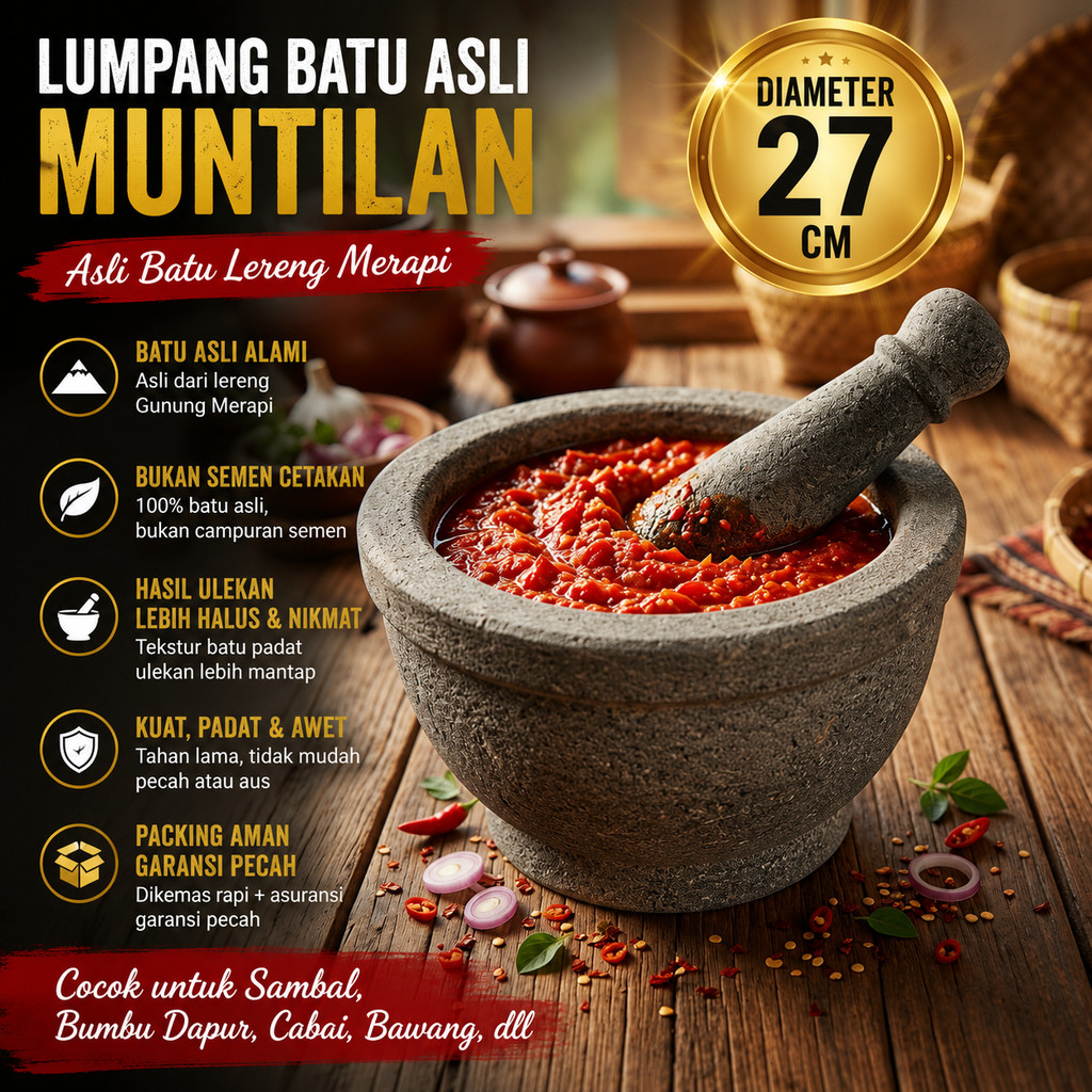Lumpang Batu Asli Original Muntilan + Alu Lesung Batu 27 cm