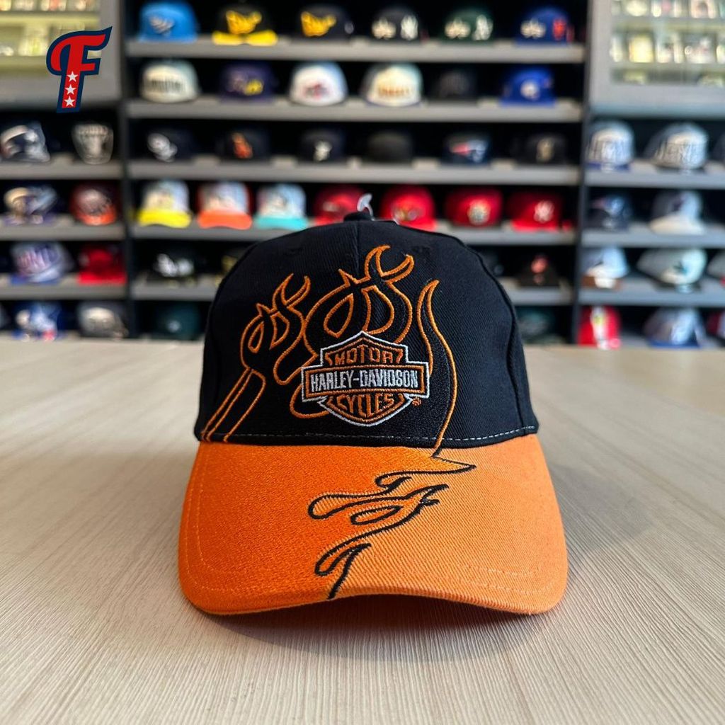 Topi Harley Davidson Flame Orange Black Dad Cap Hat Original