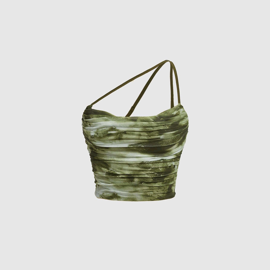 Atasan Wanita One Shoulder Tie Dye Kerut Crop Top Hijau Army