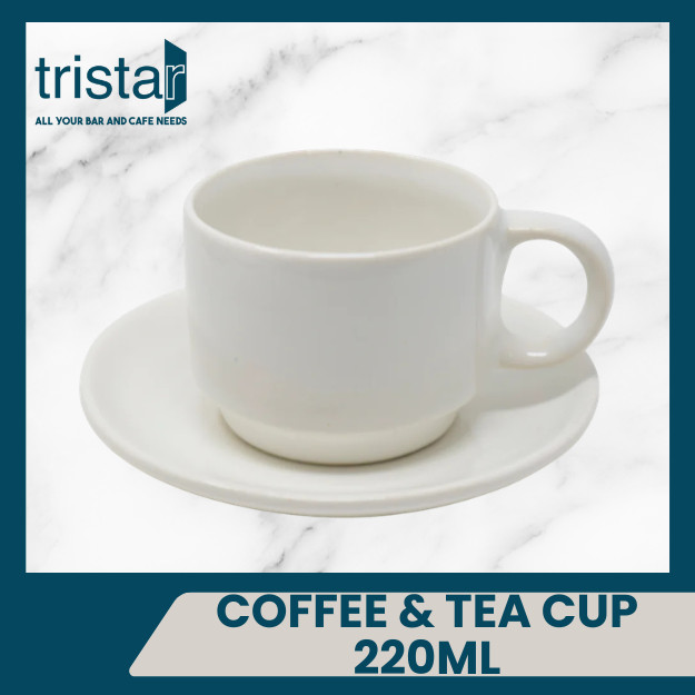 COFFEE & TEA CUP Putih Polos 220ML |Cangkir Kopi & Teh Minimalis dengan Tatakan Piring Kecil Keramik