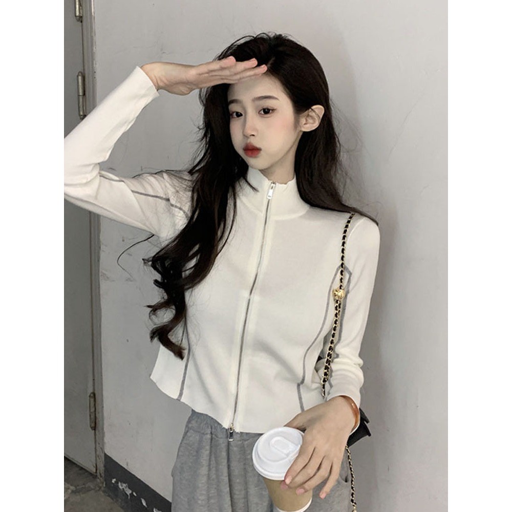 AJW Jaket Vintage Zipper Knit Import Premium WBH | Atasan Wanita Monochrome Resleting Jaket Rajut | 
