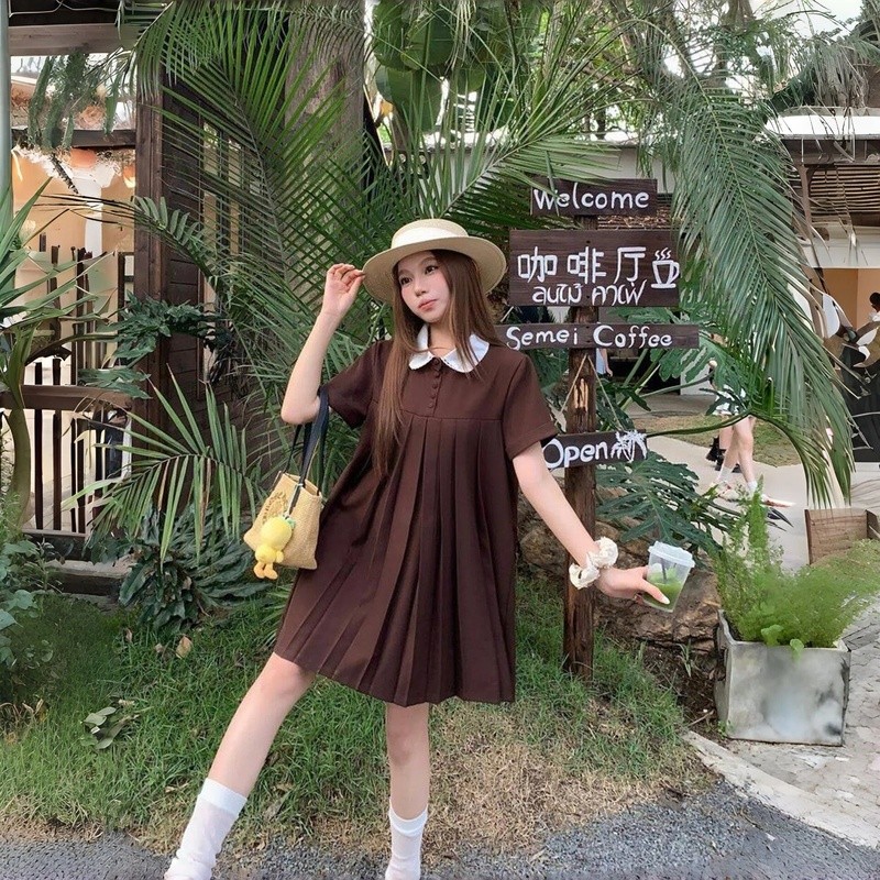 Seoul Cantik COD Mini Dress Wanita Coklat Retro Peter Pan Collar Pleated Korean Sweet Dress