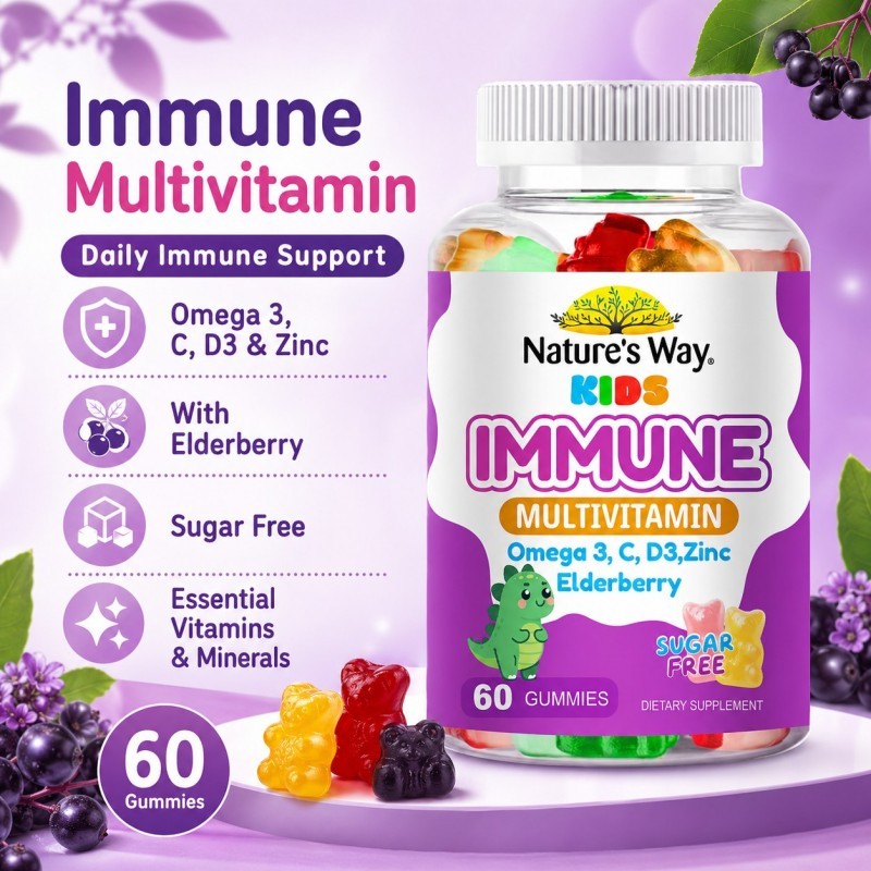 Nature’s Way Kids Immune Multivitamin 60 Gummies | Omega 3 C D3 Zinc Elderberry Sugar Free