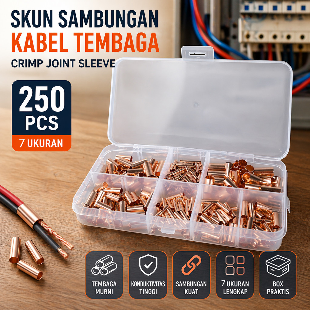 250 PCS Skun Sambungan Kabel Tembaga Crimp Joint Sleeve  - Crimp Connector Kabel Listrik Tembaga Ant
