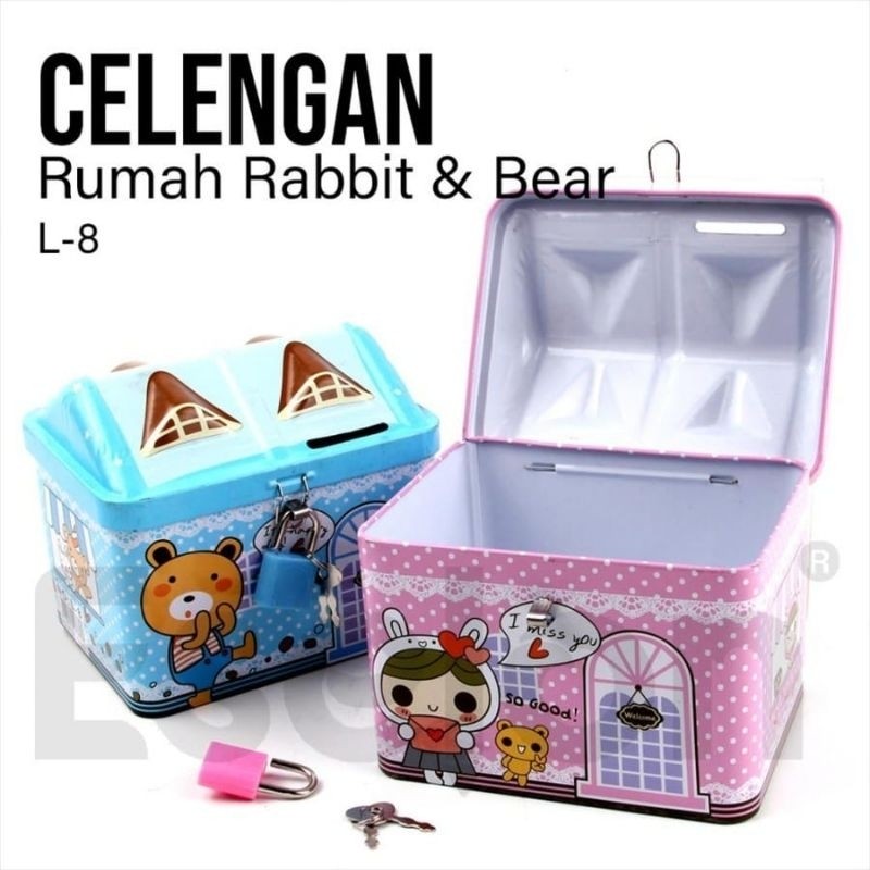 CELENGAN KALENG Kunci Gembok SAVING BOX TEMPAT PENYIMPANAN UANG MOTIF RUMAH Tabungan Anak GK
