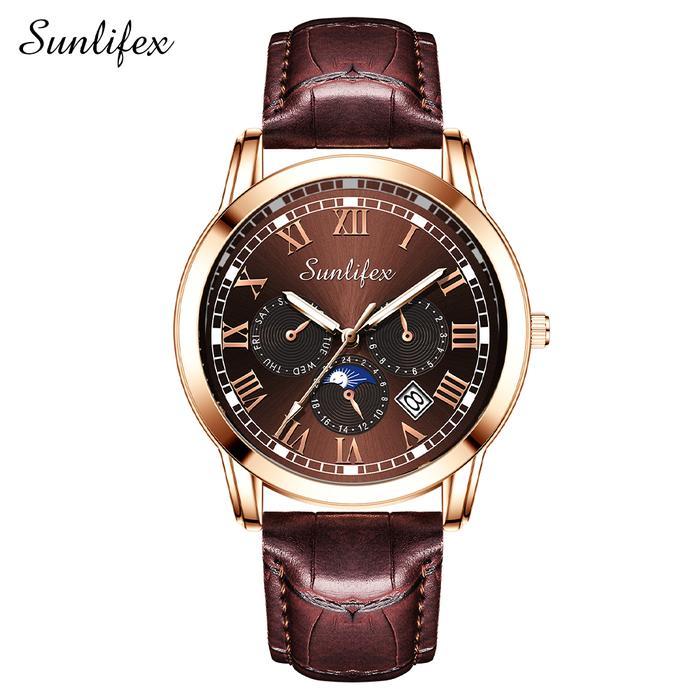 Sunlifex Jam Tangan Pria  Kalender Kuarsa Santai Bisnis Tali Kulit Jam Tangan Cowok SL7003 - Brown
