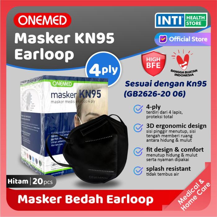 PROMO  Onemed | Masker Karet | Masker Medis KN95 4 Ply Box | 20 Pcs - Hitam