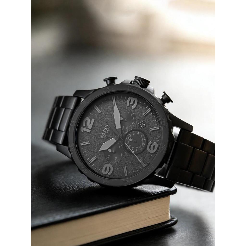 Jam Tangan Pria FOSSIL Men's Watch Original JR1401 Black Stainless Steel Chronograph Luxury Sport Qu