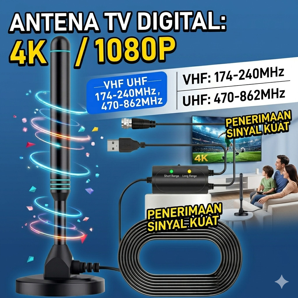 Antena TV Digital Indoor Outdoor Murah Awet Kuat Praktis Ringkas Booster High Gain 30dB Bagus Bahan 