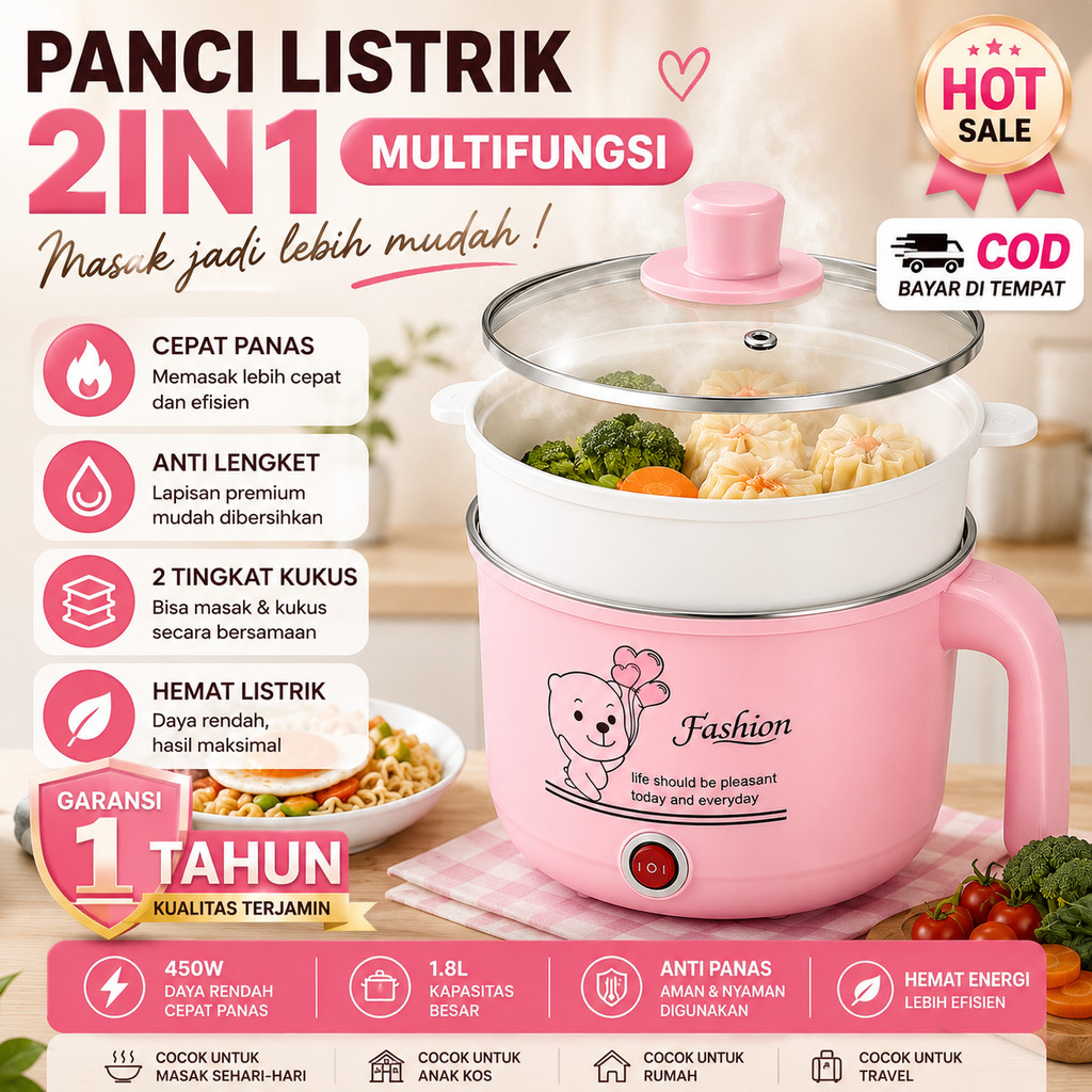Panci Listrik Multifungsi Mini Portable – Panci Elektrik Anti Lengket untuk Goreng Rebus Kukus + Fre