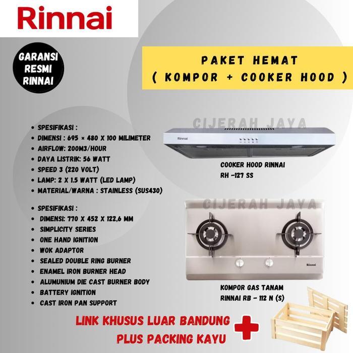 PAKET KOMPOR TANAM RINNAI GAS STAINLESS 2 TUNGKU RB 712NS + COOKER HOOD RINNAI RH 127SS