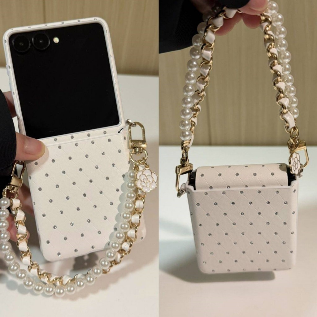 Casing Motif Rhombus Berlian Imitasi Putih Mewah dengan Rantai Gelang Mutiara Camellia untuk Samsung