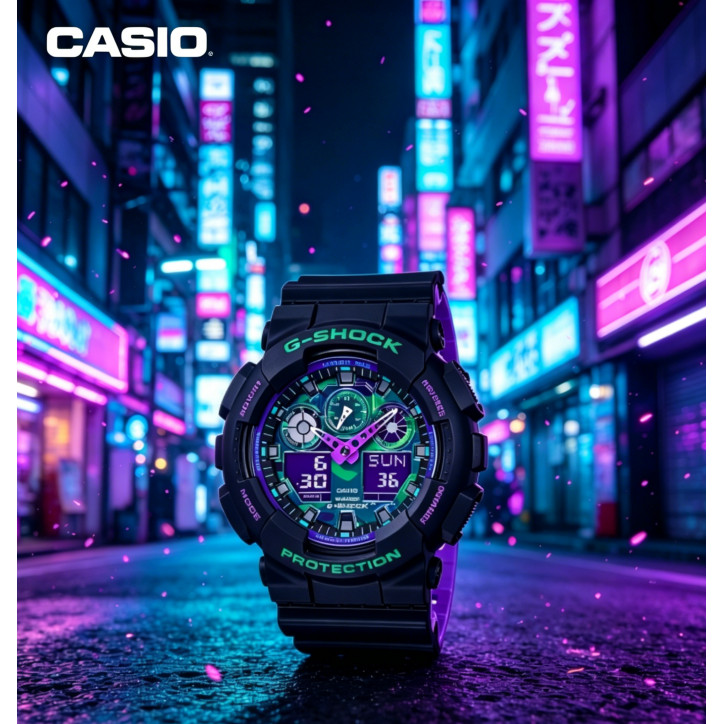 CASlO Jam tangan pria GA-100BL-1A Neon Tokyo Tahan gempa air Garansi satu tahun