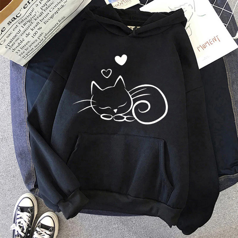 Hoodie kartun Sleeping Cat and Hearts Printed Casual oversize