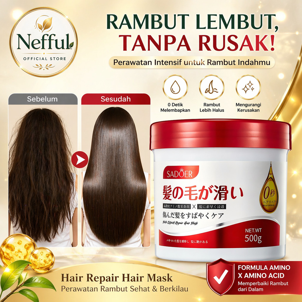 Nefful Hair Repair Hair Mask 500g Masker Rambut Rusak Kering Kusut, Bikin Rambut Lembut Halus Berkil