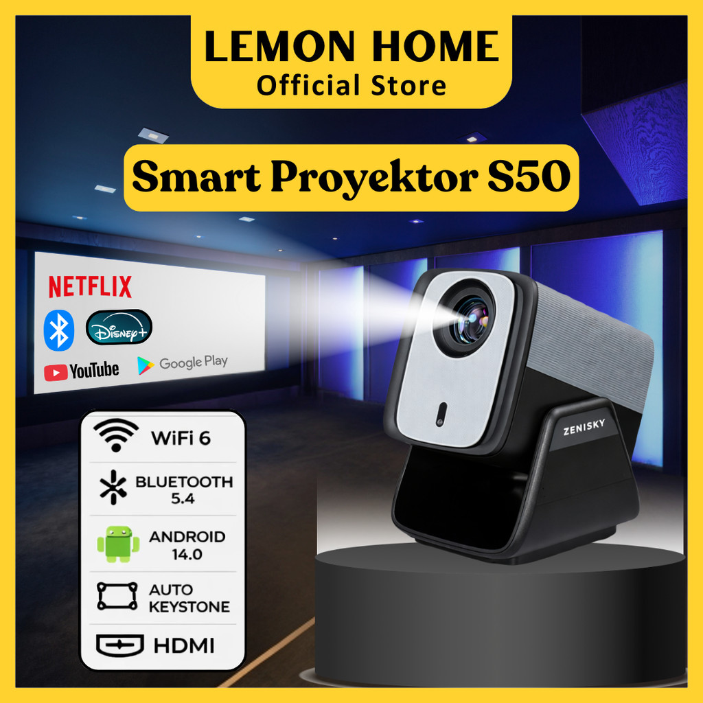 Lemon Home [Garansi 1 Tahun] Proyektor Zenisky S50 4K 1080P Full HD - 300 ANSI - Android 14 - Netfli