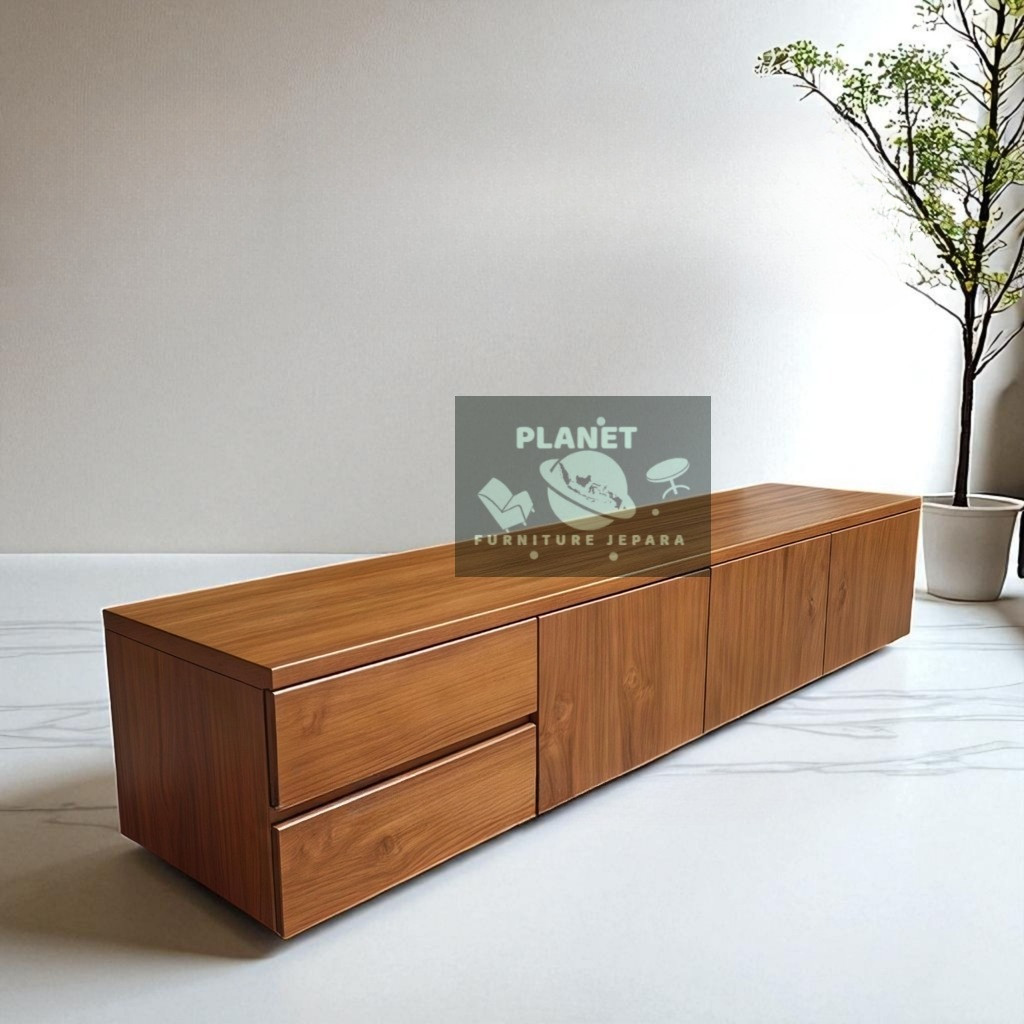 Bufet Credenza Meja TV Minimalis 200cm – Kayu Jati Solid Jepara Desain Simple