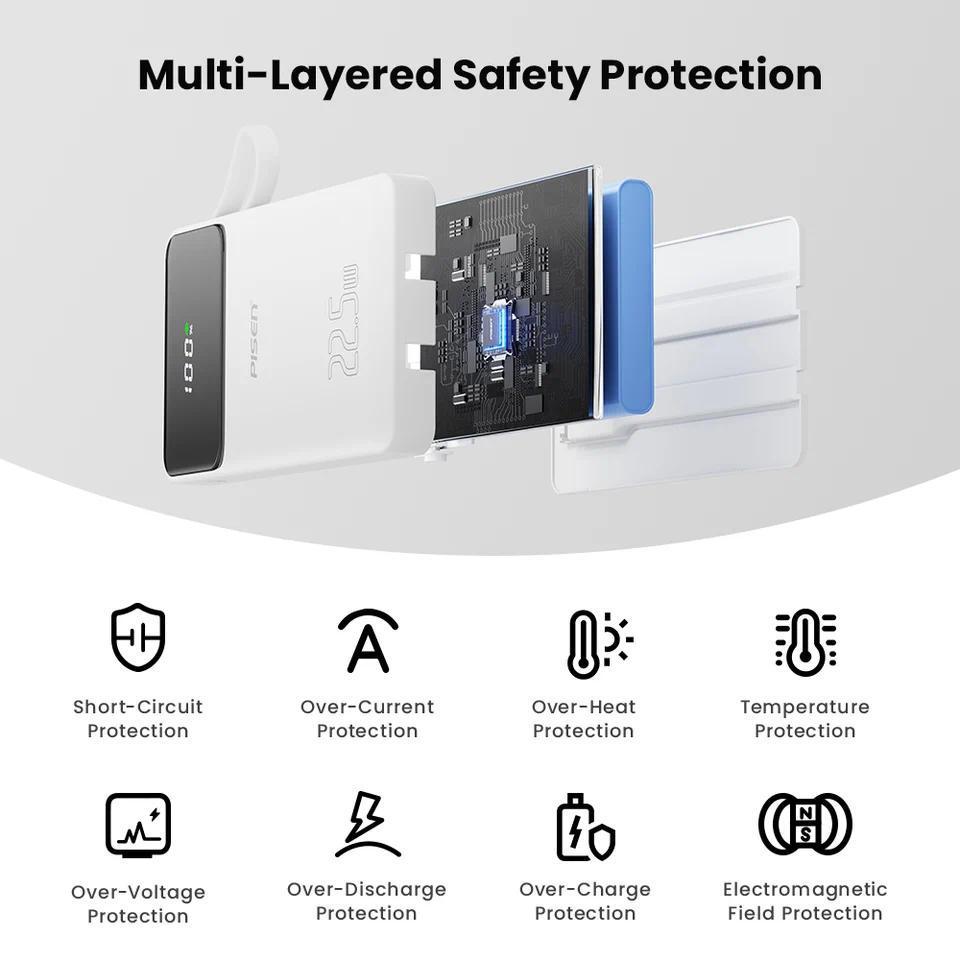 PISEN 3C Certified 22.5W Power Bank 10000mAh/ 20000mAh With Built-in Type C/L Cables Fast Charging P