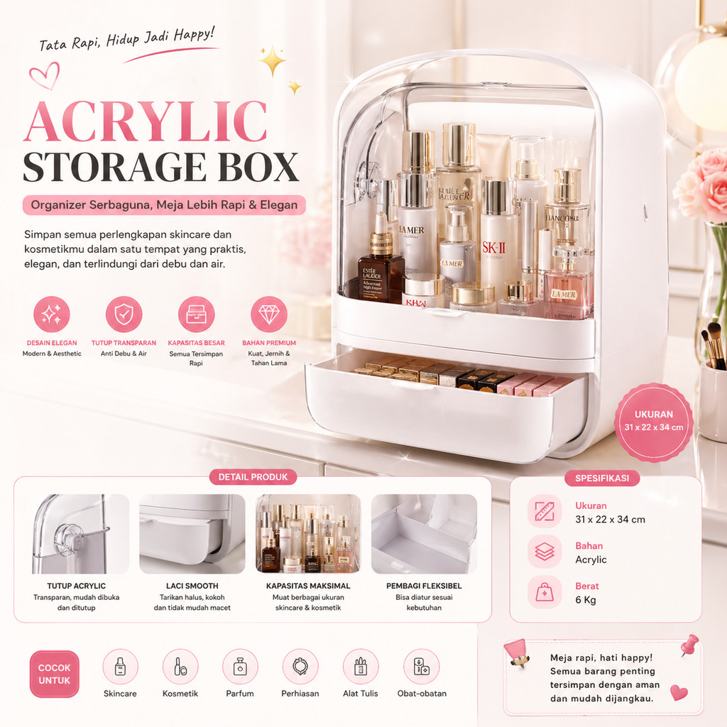 Rak Kosmetik Acrylic Storage Box Makeup Organizer Dustproof Skincare Display Box Laci Besar 1988