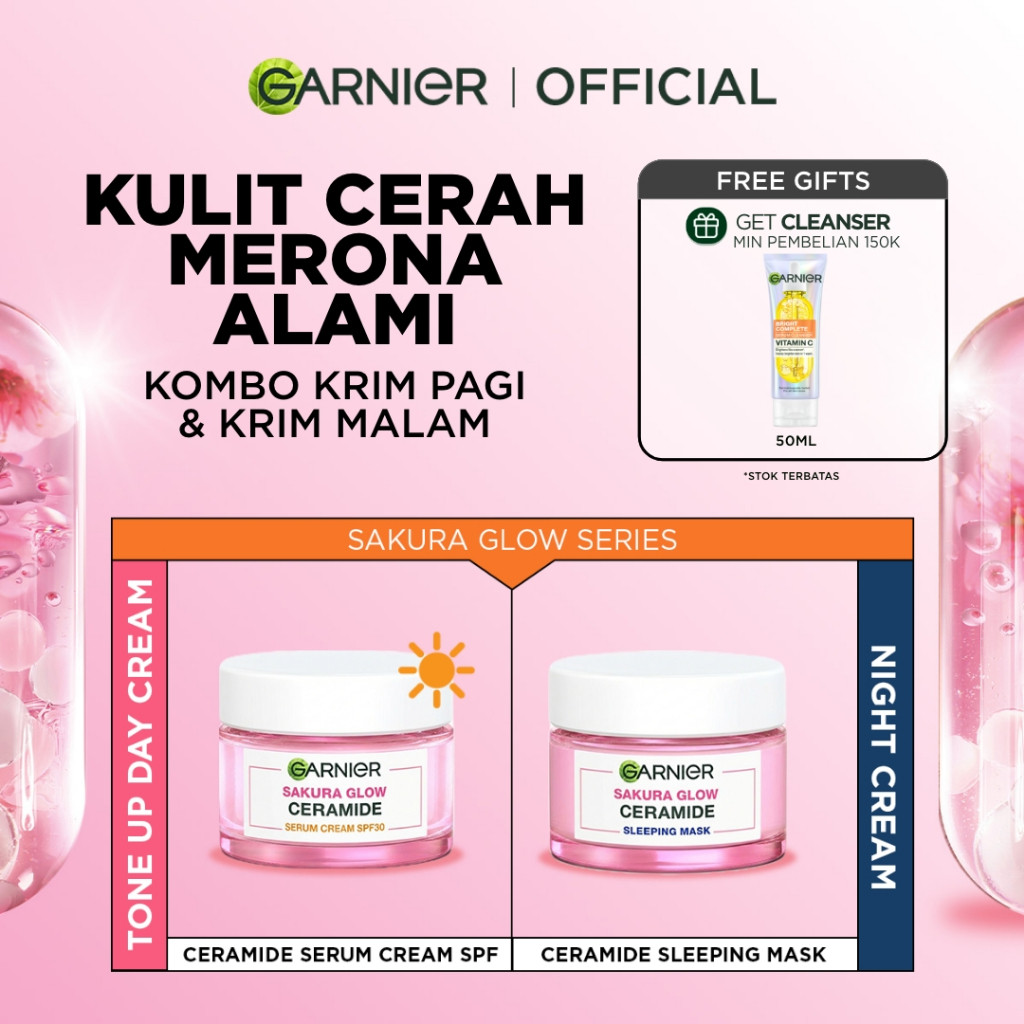 GARNIER Sakura Glow Ceramide Skin Barrier Simple Set Day Cream & Night Cream 50 ml Krim Siang & Krim